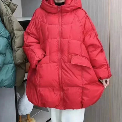 2024 New Winter Women White Duck Down Jacket Hooded Warm Oversize Puffer Coat Female Casual Loose Parkas Pocket Outwear