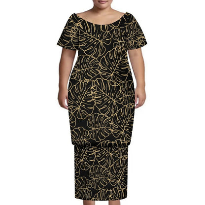 New Tonga Polynesian Short Sleeve Dress Big Size Women Button Puletasi Dress and Aloha Men Shirt Match Couple Clothes Two Piece