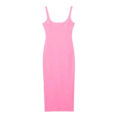 HH Female Summer Fashion Skinny Midi Dress Strap O-Neck Solid Sexy Elegant Evening Sleeveless Backless Chic Long Dresses