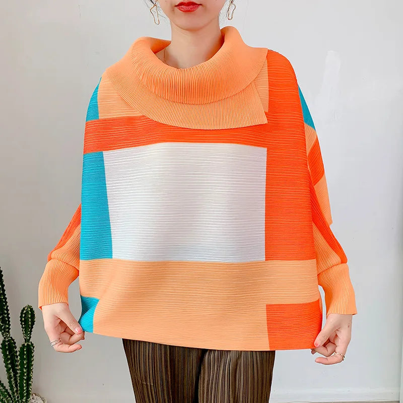 Miyake Pleated Turndown Collar Batwing Sleeve Top Women Geometric Printed Loose T-shirt