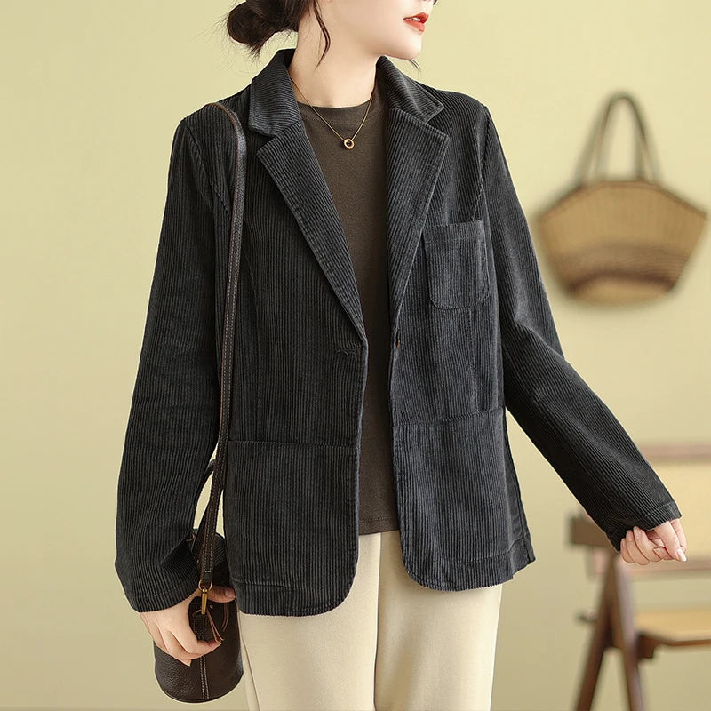 Retro Corduroy ort Suit Jaet Women's Loose Casual Striped Velvet Open Cardigan Top Spring 2026 New Sle Cotton Material
