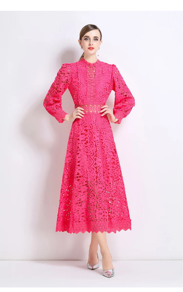 French Elegant Holiday Flower Embroidery Lace Midi Dress Women Lantern Long Sleeve Stand Hollow Out Crochet Party Vestidos