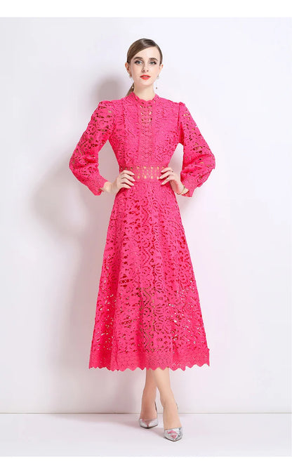 French Elegant Holiday Flower Embroidery Lace Midi Dress Women Lantern Long Sleeve Stand Hollow Out Crochet Party Vestidos