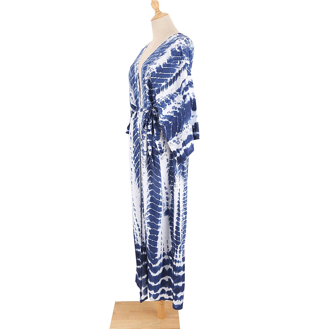 New 11 Colors Printed Long Sleeve With Belt Tunic Beach Cover Up Cover-ups Beach Dress Beach Wear Beachwear Female Women V4521