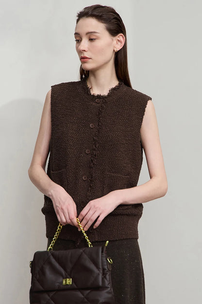 AMII Women's Vest 2025 Autumn New O-neck Elegant Retro Knitted Vest Women's Casual Versatile Loose Sleeveless Top Female12543082
