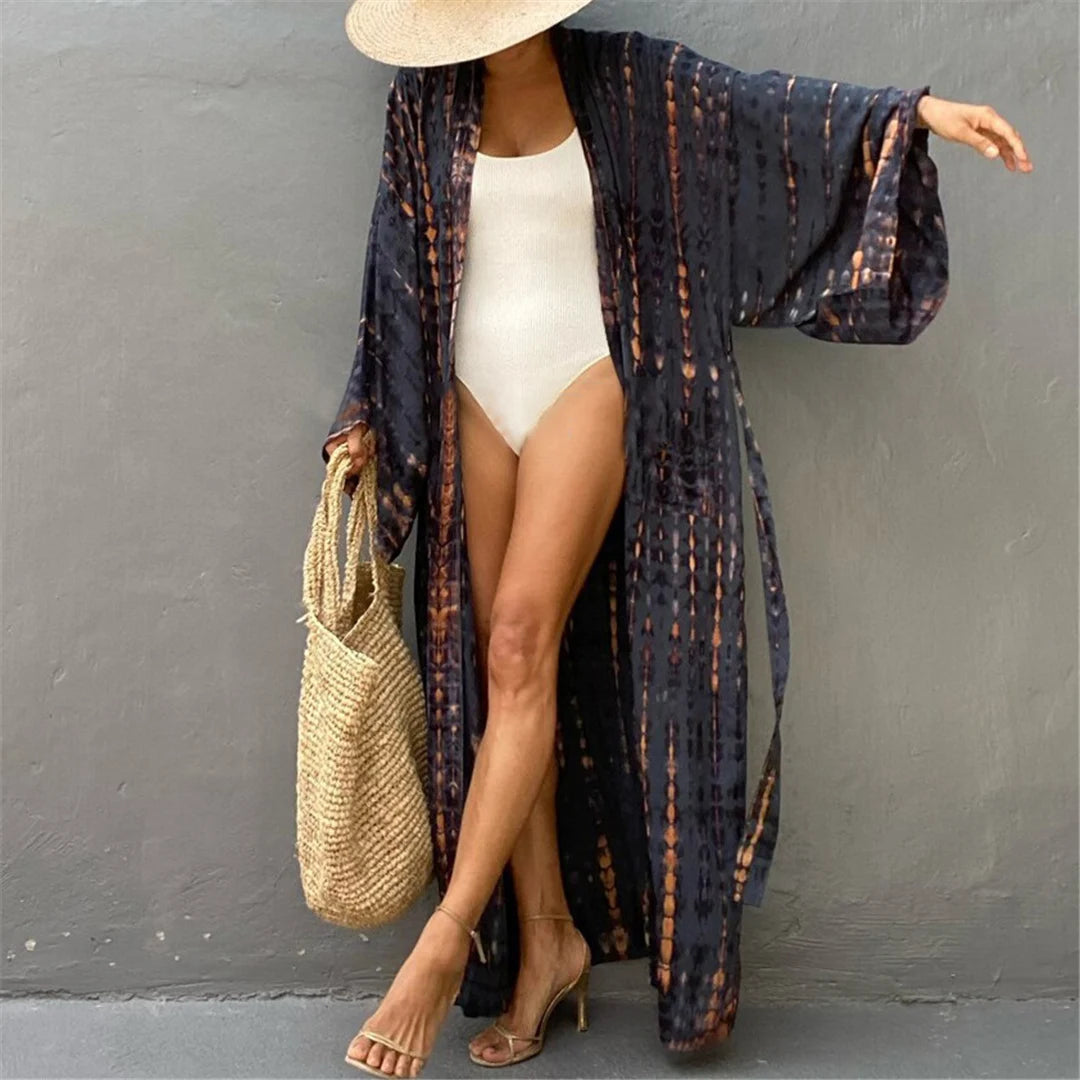 New 11 Colors Printed Long Sleeve With Belt Tunic Beach Cover Up Cover-ups Beach Dress Beach Wear Beachwear Female Women V4521