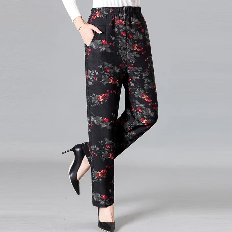 8XL 9XL Middle-aged Women Trousers New Print Elasti High Waist Casual Pants Spring and Autumn Straight Pants Oversize Grandma Pa