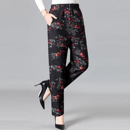 8XL 9XL Middle-aged Women Trousers New Print Elasti High Waist Casual Pants Spring and Autumn Straight Pants Oversize Grandma Pa