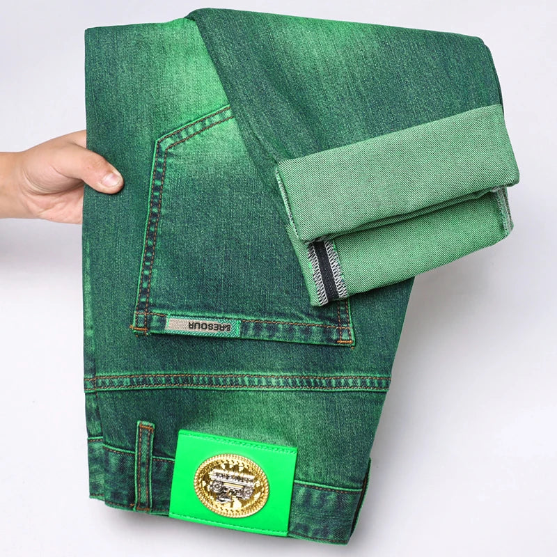 Emerald Green Jeans High-End Embroidery Slim Straight Leg Men Pants Personality Fashion Everything Trend Elastic Denim Pant