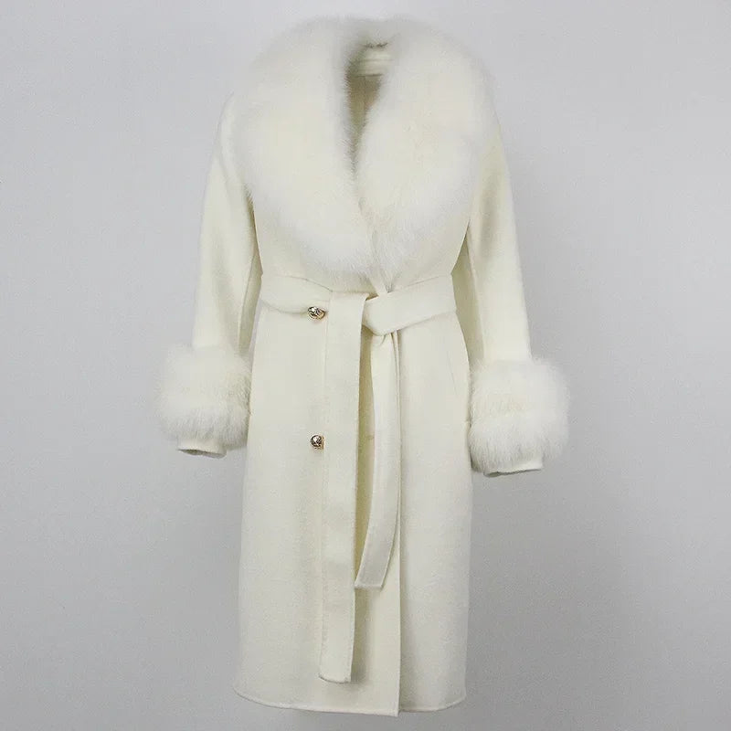 Double Breasted Woolen Jacket Belt Warm Cashmere Real Fur Coat Streetwear New Fashion 2024 Winter Women Long Natural Wool Blends