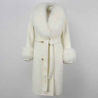 Double Breasted Woolen Jacket Belt Warm Cashmere Real Fur Coat Streetwear New Fashion 2024 Winter Women Long Natural Wool Blends