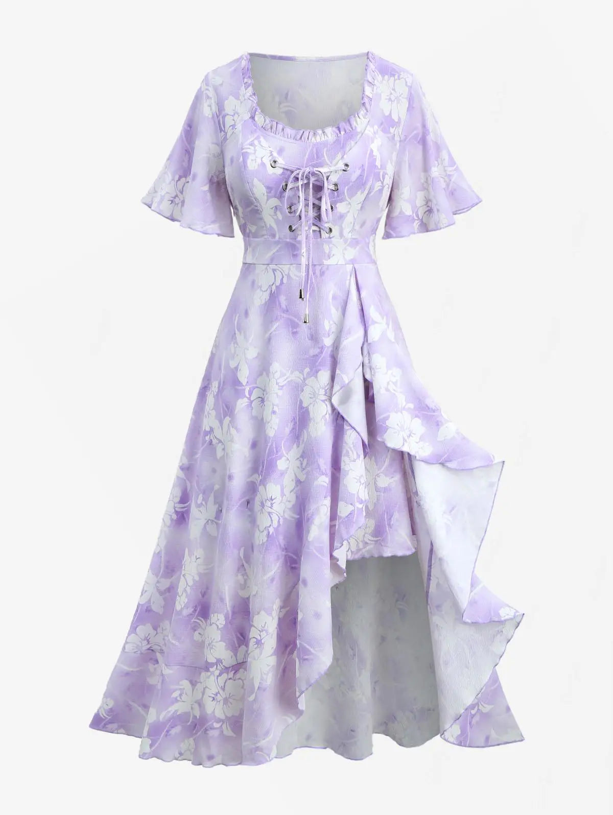 ROSEGAL Plus Size Tie Dye Floral Print Ruffles Lace-Up Dress 2026 Women Summer Dress Light Purple Square Collar Split Vestidos