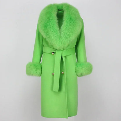 Double Breasted Woolen Jacket Belt Warm Cashmere Real Fur Coat Streetwear New Fashion 2024 Winter Women Long Natural Wool Blends
