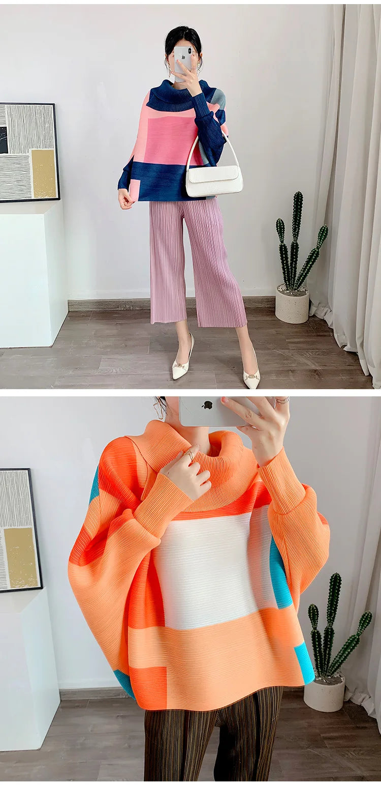 Miyake Pleated Turndown Collar Batwing Sleeve Top Women Geometric Printed Loose T-shirt