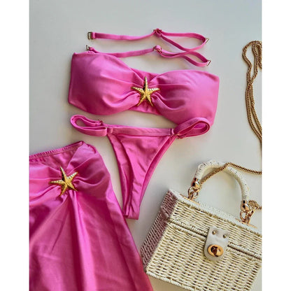 3 Pieces Bikini Set Push Up Bikini 2025 Sexy Women Swimsuit Shiny Skirt Female Swimwear Brazil Bathing Suit Beachwear Cover Ups