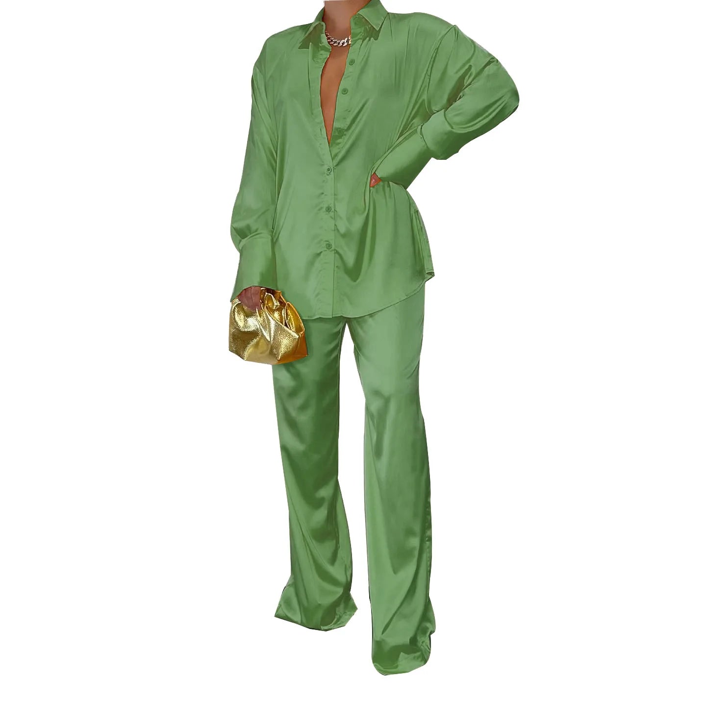 CM.YAYA Elegant Satin Women's Tracksuit Long Sleeve Shirt and Wide Leg Straight Pants Matching Sleepwear Two 2 Piece Set Outfits