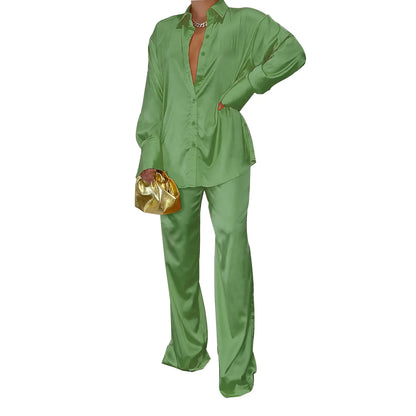 CM.YAYA Elegant Satin Women's Tracksuit Long Sleeve Shirt and Wide Leg Straight Pants Matching Sleepwear Two 2 Piece Set Outfits