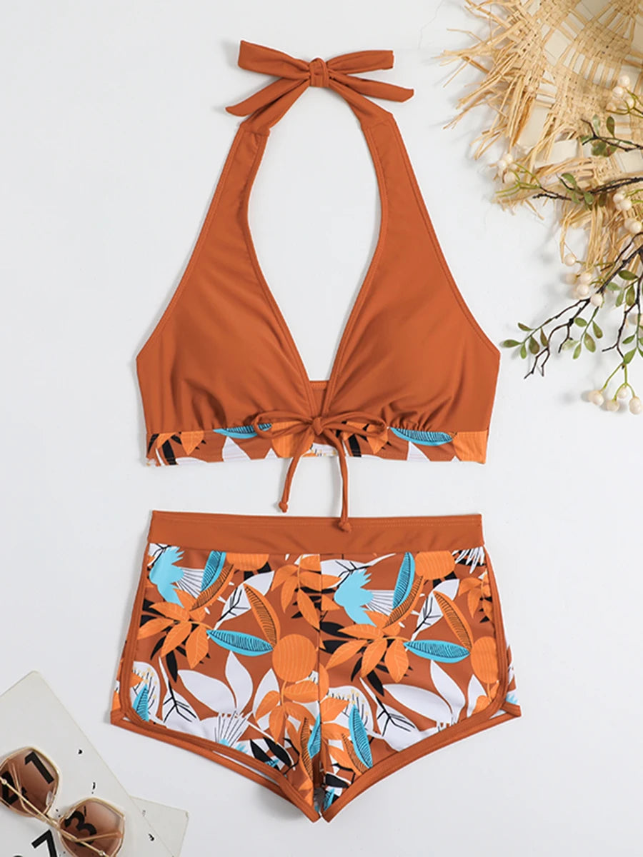 2026 Halter Bikini Set Short Swimsuit Women High Waist Swimwear Female Printed Bathers Swimming Bathing Swim Suit Beachwear