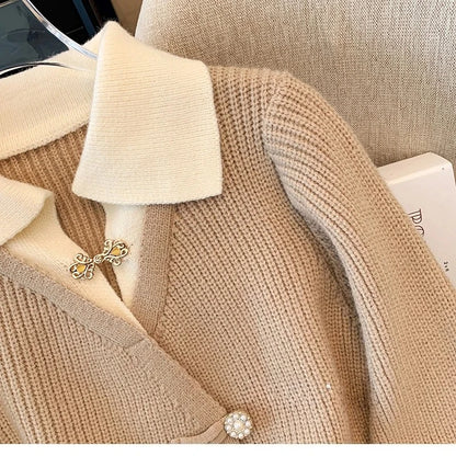 New 2026 Autumn Winter Design Splicing Slim Women Knitted Cardigan Sweater Jacket Fashion Fake Two Items Loose Ladies Top