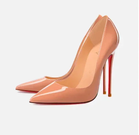 New 12cm pointed black high heels for women, slim heels with sexy temperament, shallow mouth, 34-46 red sole single shoes