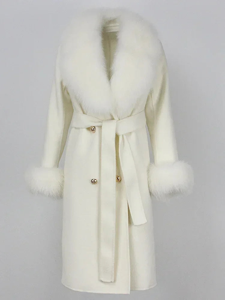 Double Breasted Woolen Jacket Belt Warm Cashmere Real Fur Coat Streetwear New Fashion 2024 Winter Women Long Natural Wool Blends