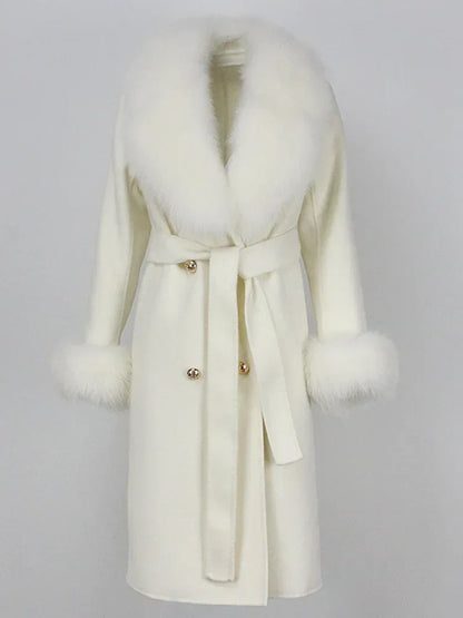 Double Breasted Woolen Jacket Belt Warm Cashmere Real Fur Coat Streetwear New Fashion 2024 Winter Women Long Natural Wool Blends