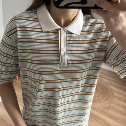 2025 Summer Women Casual Striped Short sleeve Polo Shirt T shirt