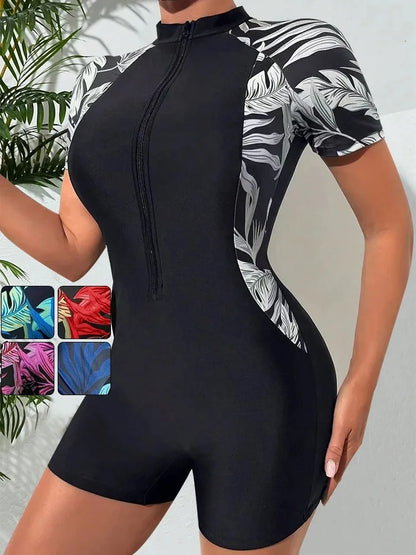 2PCS/Set Women Swimsuit Women Short Sleeved Swimsuit Front Zipper Tropical Plant Surfing Sunscreen Swimsuit (Bra+Swimsuit)