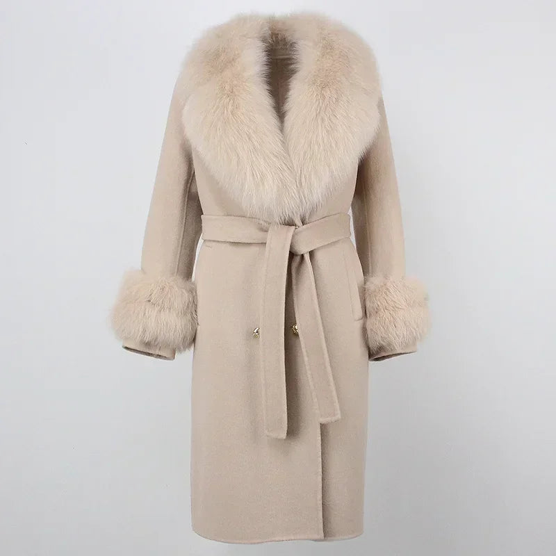 Double Breasted Woolen Jacket Belt Warm Cashmere Real Fur Coat Streetwear New Fashion 2024 Winter Women Long Natural Wool Blends