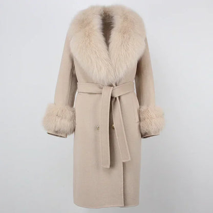 Double Breasted Woolen Jacket Belt Warm Cashmere Real Fur Coat Streetwear New Fashion 2024 Winter Women Long Natural Wool Blends