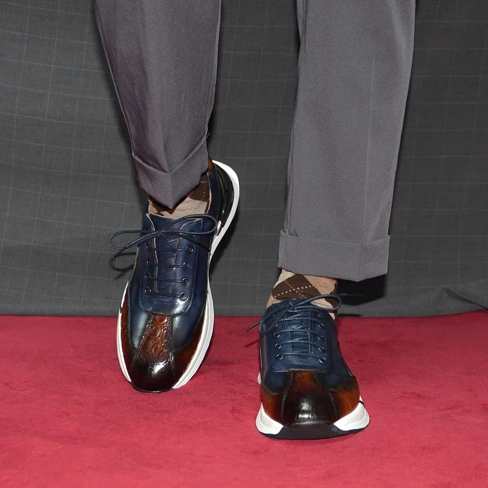 2025 Luxury Designer Original Men's Shoes Hand Painted Trendy Double Color Crocodile Print Casual Genuine Leather Man Sneakers