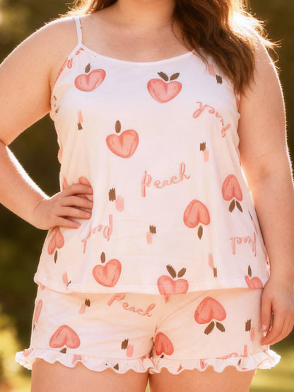 Plus Size Women's Spring Summer Loungewear Set Sweet Girly Peach Print Cami Top with Shorts Soft Pajamas Sleepwear