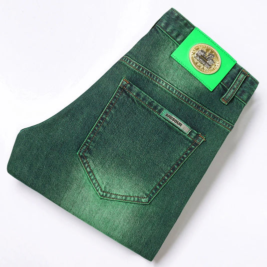 Emerald Green Jeans High-End Embroidery Slim Straight Leg Men Pants Personality Fashion Everything Trend Elastic Denim Pant
