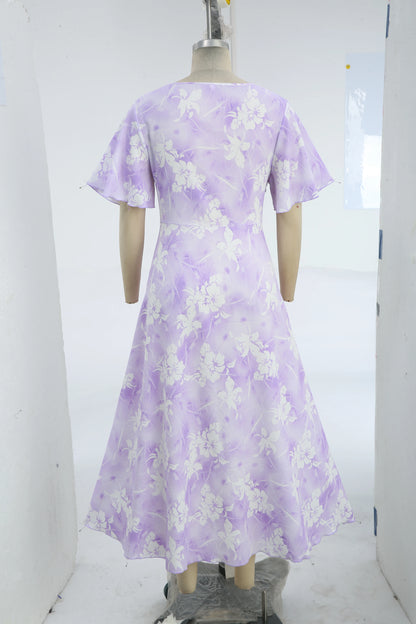 ROSEGAL Plus Size Tie Dye Floral Print Ruffles Lace-Up Dress 2026 Women Summer Dress Light Purple Square Collar Split Vestidos