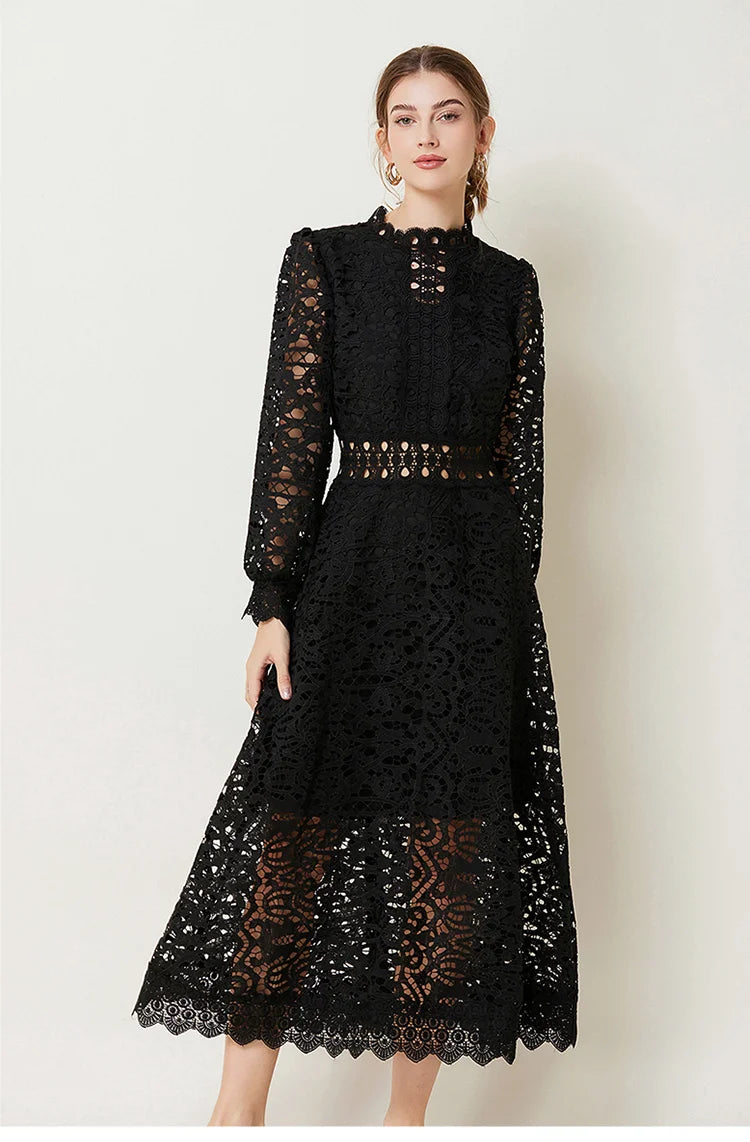 French Elegant Holiday Flower Embroidery Lace Midi Dress Women Lantern Long Sleeve Stand Hollow Out Crochet Party Vestidos