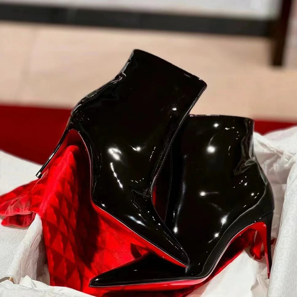 2024 Autumn/Winter New Sheep Pattern Leather Black Pointed Red BottomS Boots Bare Boots Versatile Short Boots Women's Thin Heels