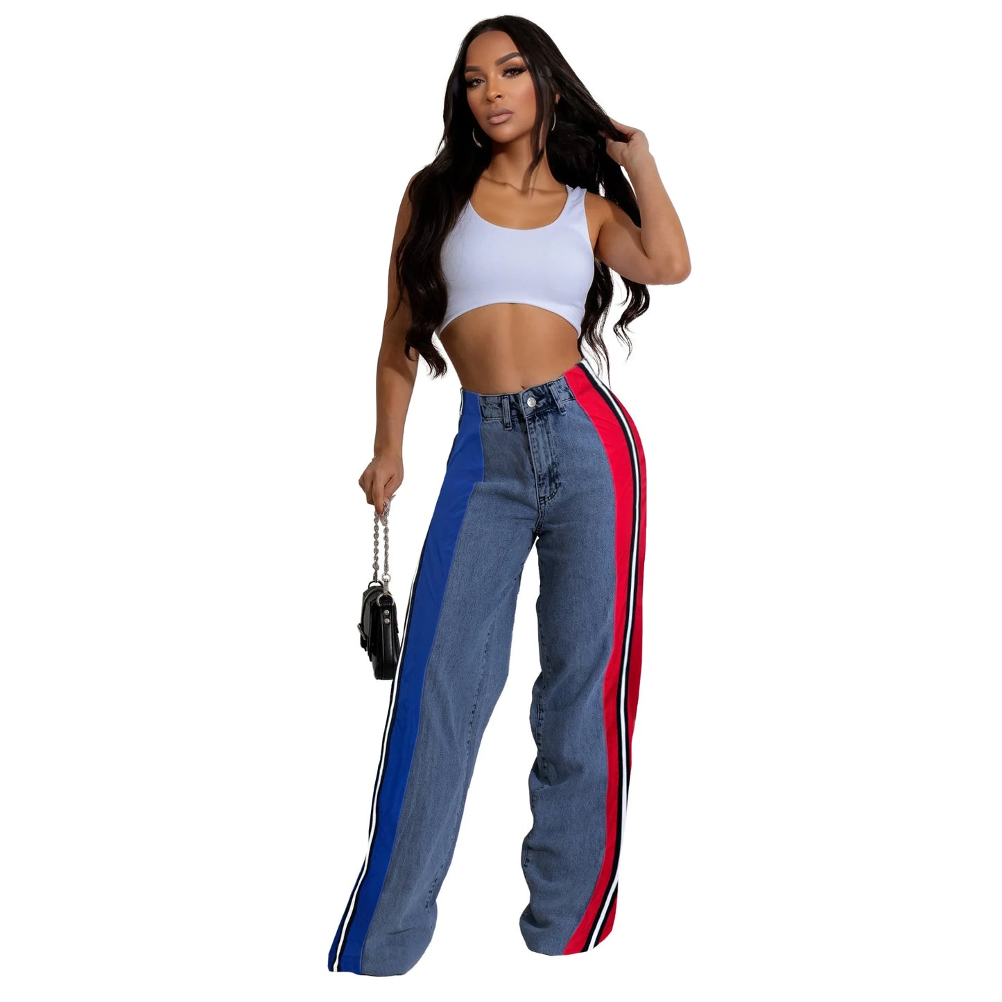 Denim Pants Women Patchwork Spliced Long Pant Mom Straight Button High Waist Casual Jeans Trousers Pocket Lady Y2k Autumn