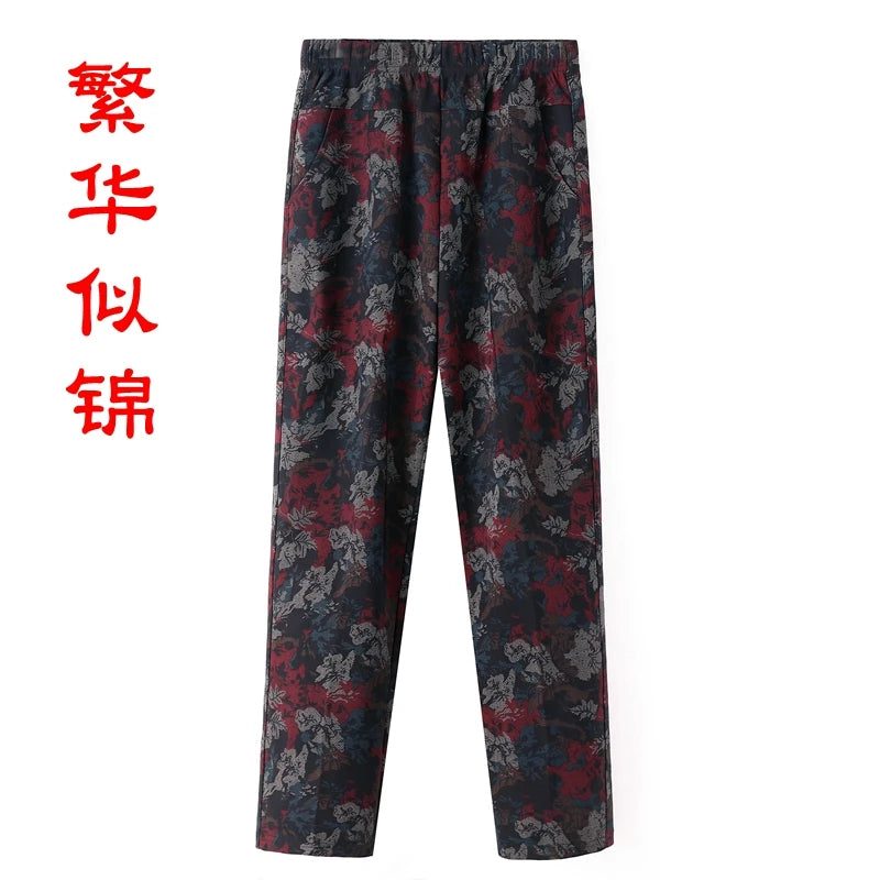 8XL 9XL Middle-aged Women Trousers New Print Elasti High Waist Casual Pants Spring and Autumn Straight Pants Oversize Grandma Pa