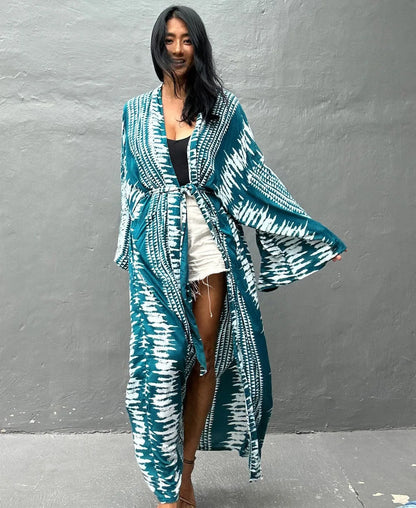 Beach Cover Ups Women Tie Dye Printed Kimono Cardigan Self Belted Wrap Dresses Summer Holiday Bathing Suits