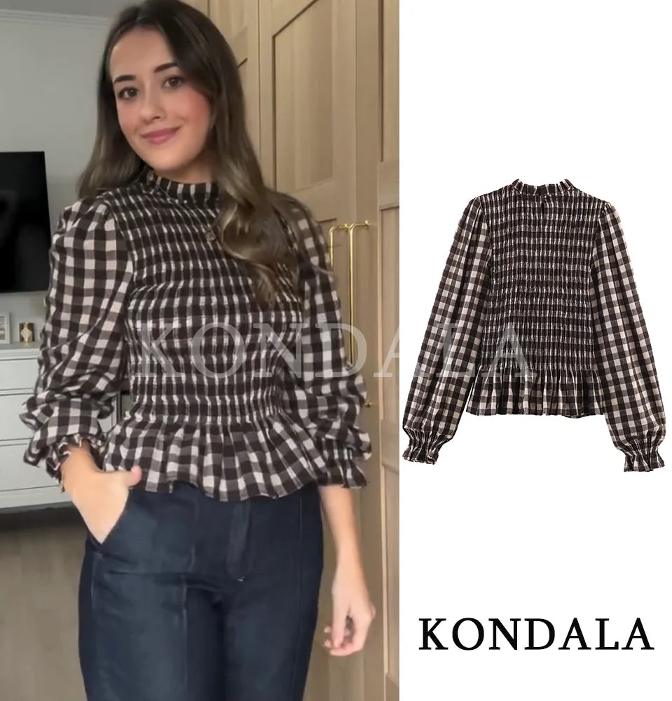 KONDALA Trendy Casual Plaid Slim Shirts Women Elegant Long Sleeve Stretch Bust Tops 2026 Spring Chic Holiday Fold Pleated Shirts