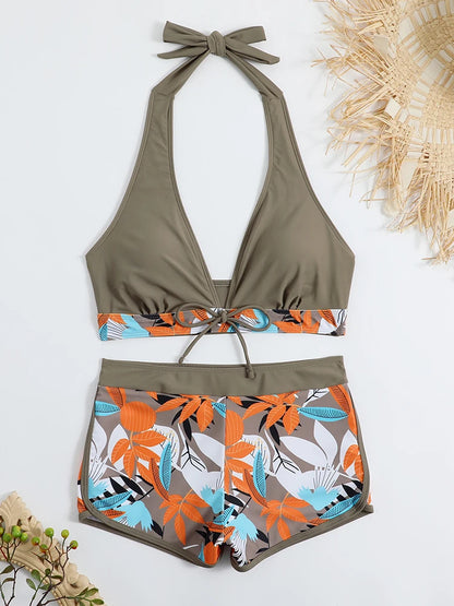 2026 Halter Bikini Set Short Swimsuit Women High Waist Swimwear Female Printed Bathers Swimming Bathing Swim Suit Beachwear