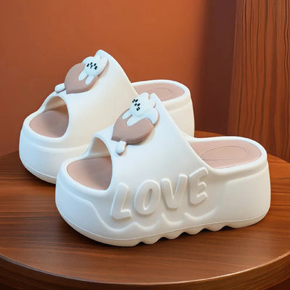 New pink flower high heel slipper women's outdoor slides sweet backless beach shoes woman flat platform mules elevator slippers
