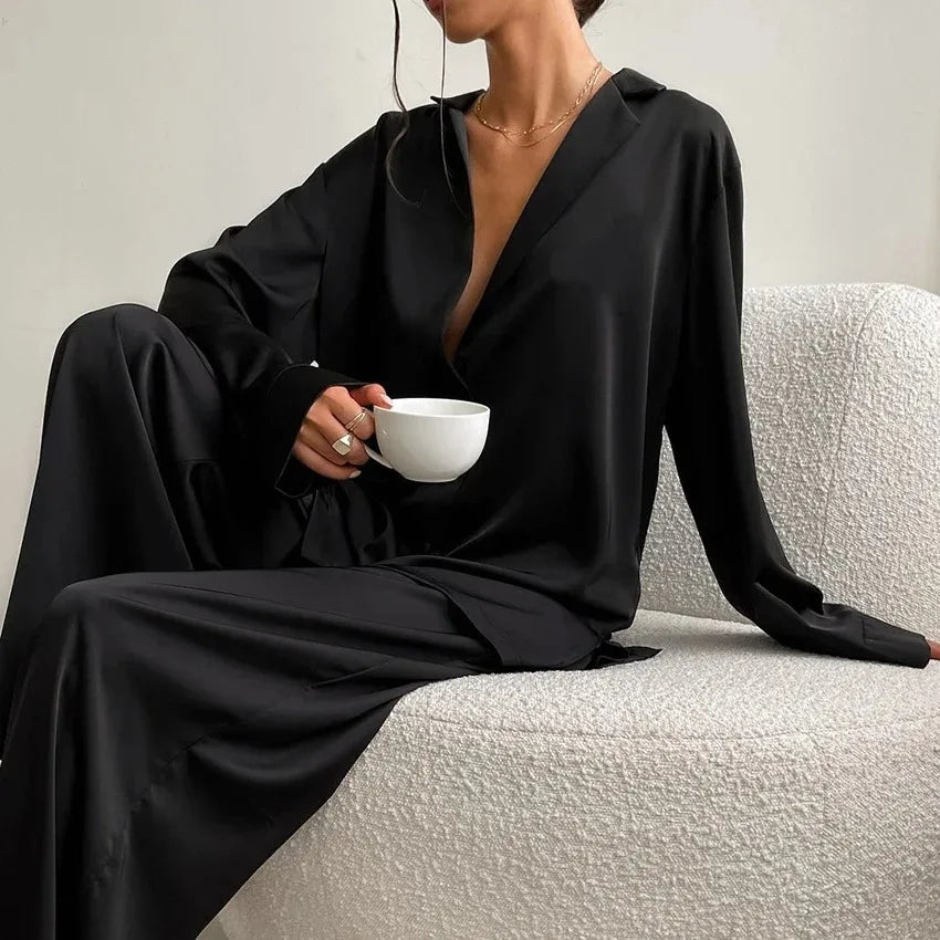 Satin Silk Sleepwear Low Cut Sexy Pajamas For Women Single-Breasted Long Sleeves Wide Leg Pants Trouser Suits Oversized