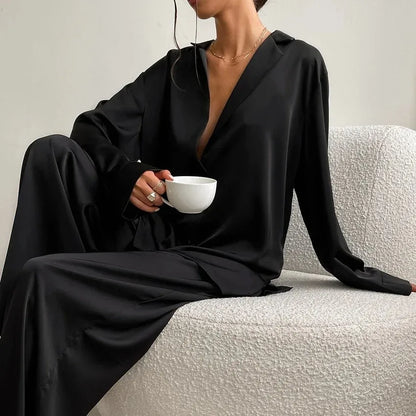 Satin Silk Sleepwear Low Cut Sexy Pajamas For Women Single-Breasted Long Sleeves Wide Leg Pants Trouser Suits Oversized