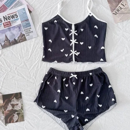 Women's Pajamas Fashion Lace Patchwork Heart Print Bowknot Decoration Sexy Cami Sleepwear Set  Sleeveless V-Neck Summer Lingerie