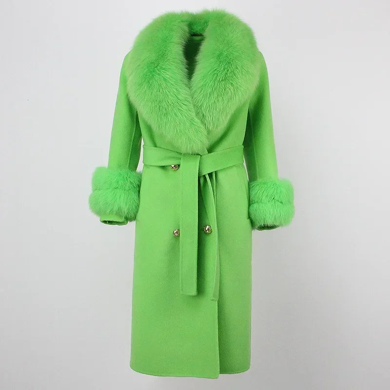 Double Breasted Woolen Jacket Belt Warm Cashmere Real Fur Coat Streetwear New Fashion 2024 Winter Women Long Natural Wool Blends