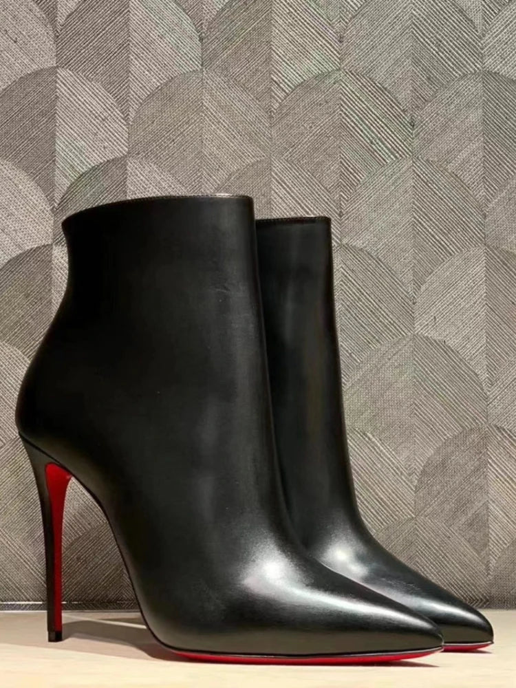 2024 Autumn/Winter New Sheep Pattern Leather Black Pointed Red BottomS Boots Bare Boots Versatile Short Boots Women's Thin Heels