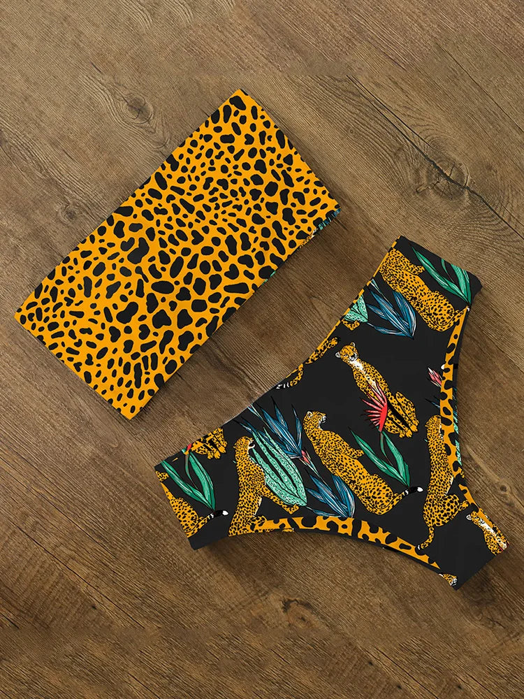 Bikini Swimwear Swimsuit Women Print High Waist Bikini Set Back Cross Bandeau Bathing Suit Female Beach Wear Biquini
