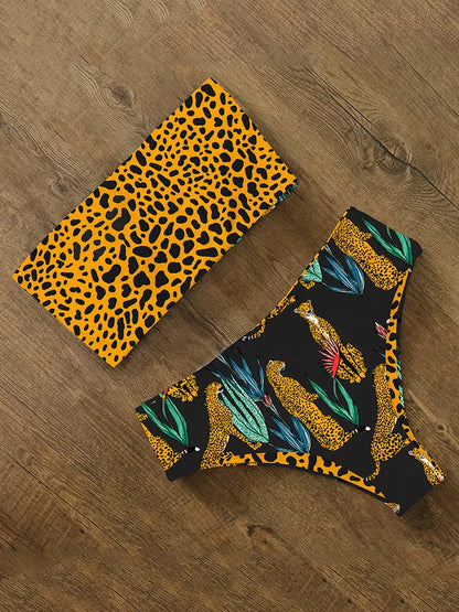 Bikini Swimwear Swimsuit Women Print High Waist Bikini Set Back Cross Bandeau Bathing Suit Female Beach Wear Biquini
