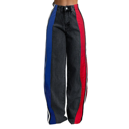 Denim Pants Women Patchwork Spliced Long Pant Mom Straight Button High Waist Casual Jeans Trousers Pocket Lady Y2k Autumn